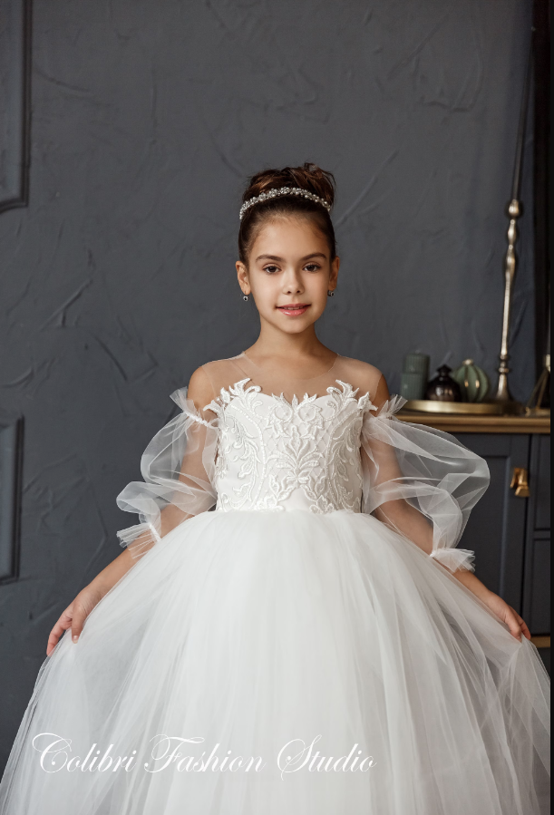 Flower girl dress tutu, Girl dress with train, Nude flower girl dress, Girl dress lace, Toddler dress, Ball gown, Girl dress long sleeve