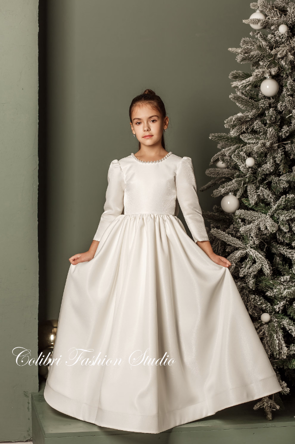 Ivory flower girl dress, Girl dress satin, Flower girl dresses, Long sleeve girl dress, Flower girl dress with train, Baptism satin dress