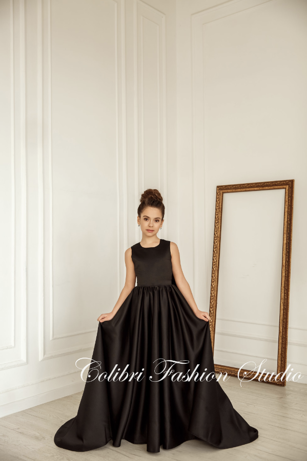Flower dress satin black, Open back baby girl dress with train, Holida Colibri Fashion Studio Flower dress satin black, Open back baby girl dress with train, Holida Colibri Fashion Studio