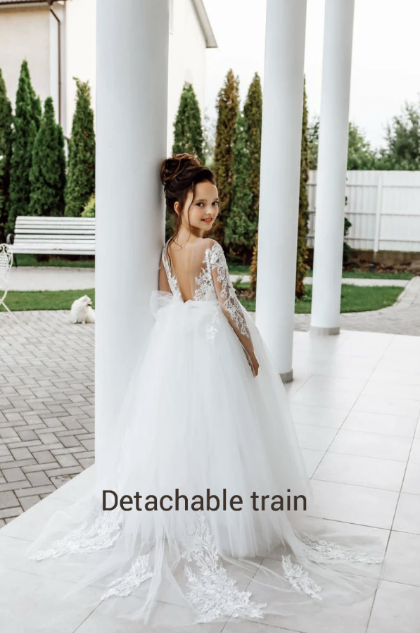 Toddler flower girl dress lace, Baby girl dress special occasion, Long sleeve ivory wedding girl dress, Girl birthday dress