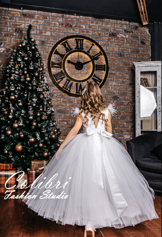 Ivory flower girl dress with feathers Pearl baby girl dress long skirt Open back tulle girl dress Wedding dress