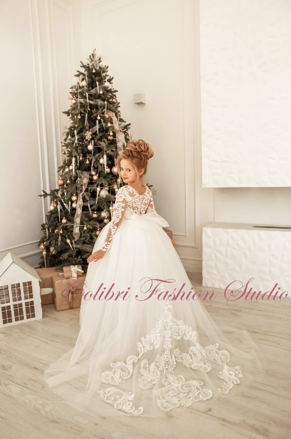 Baby girl dress long sleeve Floral lace communion dress Embroidered girl dress Tulle toddler girl dress