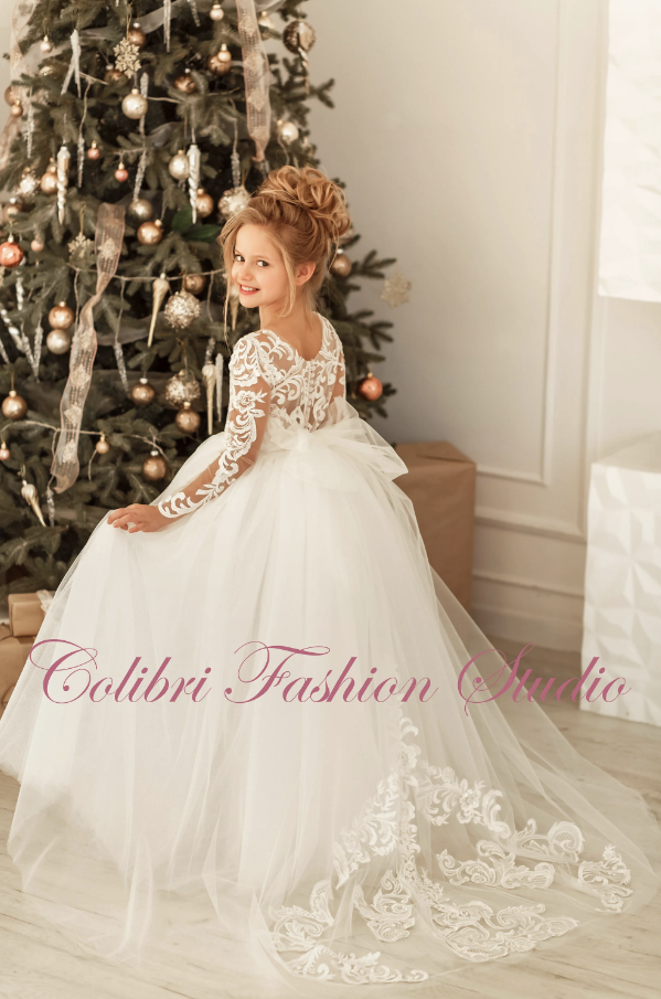 Baby girl dress long sleeve Floral lace communion dress Embroidered girl dress Tulle toddler girl dress