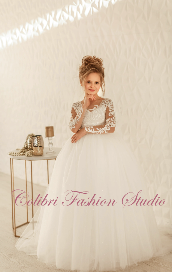 Baby girl dress long sleeve Floral lace communion dress Embroidered girl dress Tulle toddler girl dress