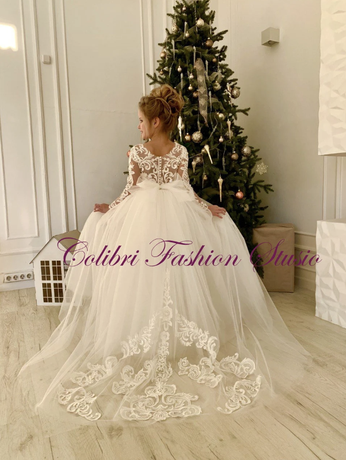 Baby girl dress long sleeve Floral lace communion dress Embroidered girl dress Tulle toddler girl dress