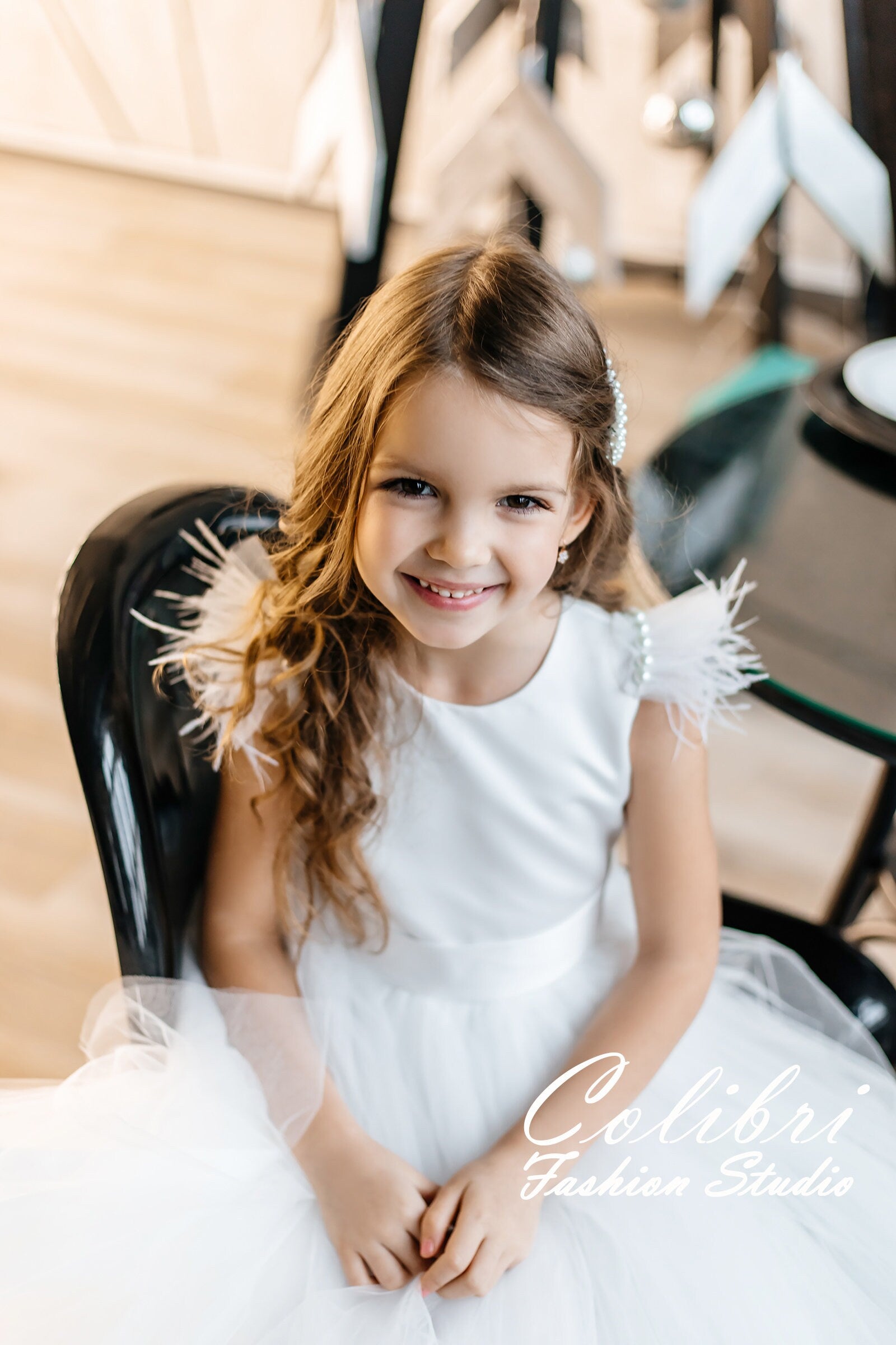 Ivory flower girl dress with feathers Pearl baby girl dress long skirt Open back tulle girl dress Wedding dress