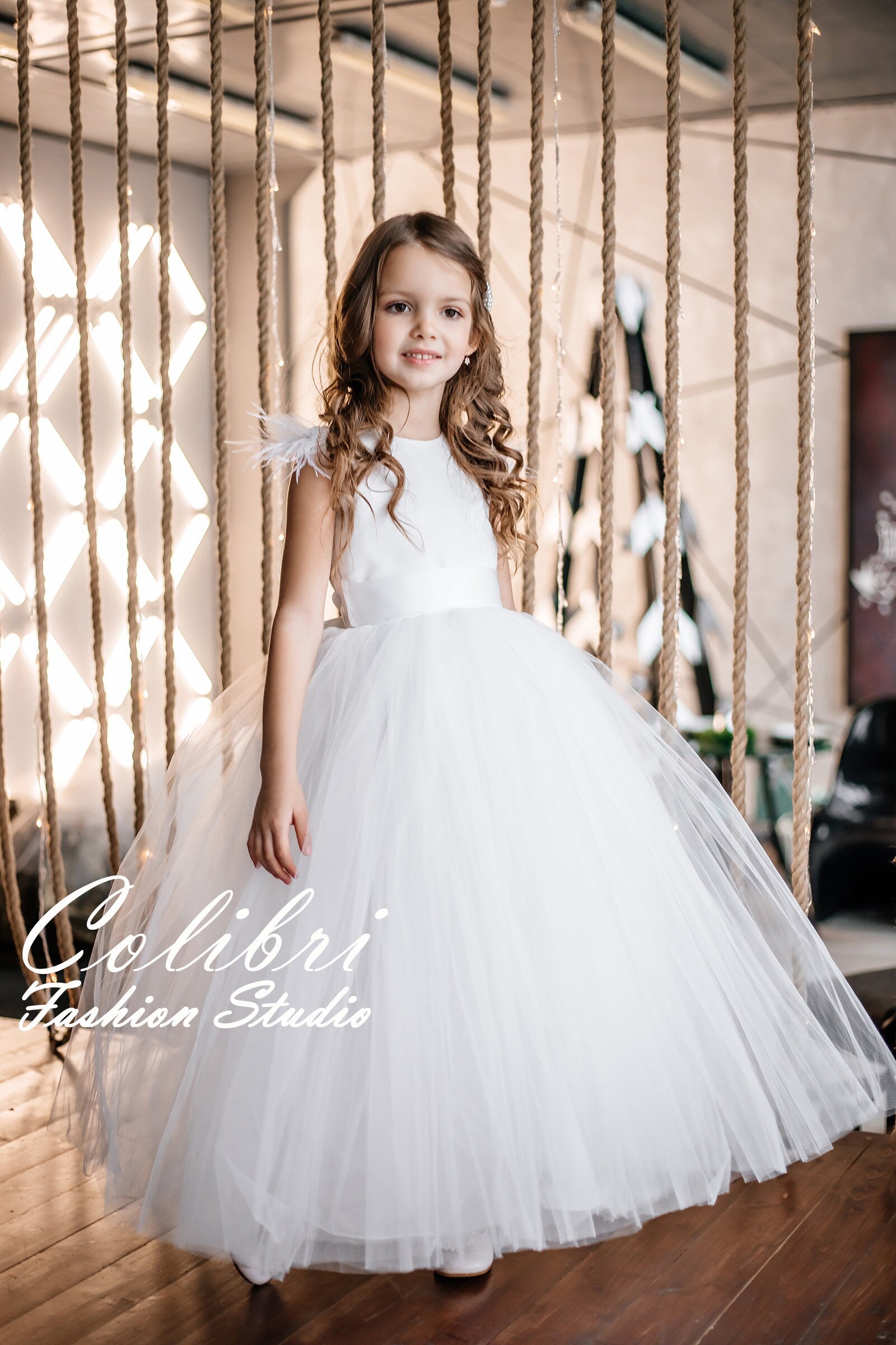 Ivory flower girl dress with feathers Pearl baby girl dress long skirt Open back tulle girl dress Wedding dress