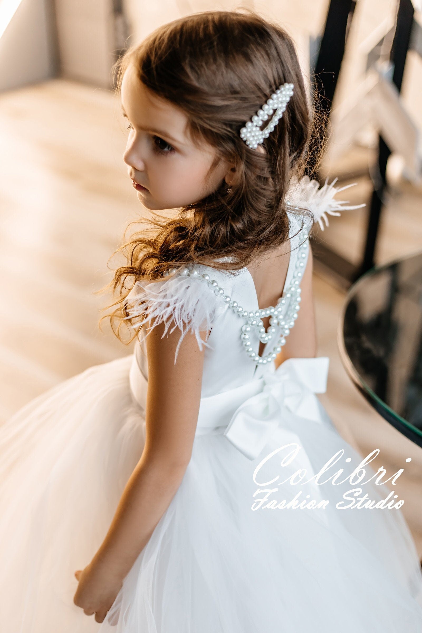 Ivory flower girl dress with feathers Pearl baby girl dress long skirt Open back tulle girl dress Wedding dress