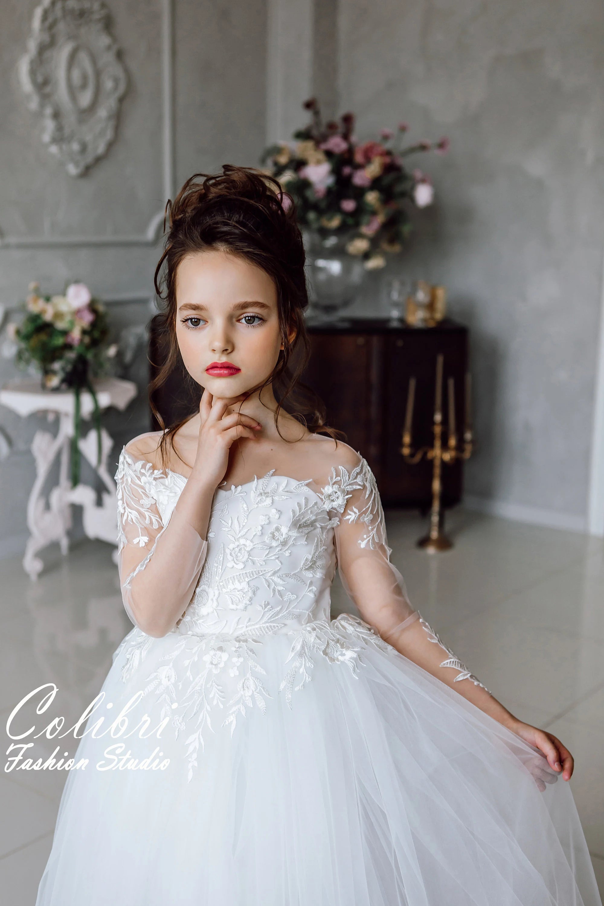 Flower girl dress long sleeve flower girl dress Lace flower girl dress Tulle flower girl dress Communion dress Birthday girl dress