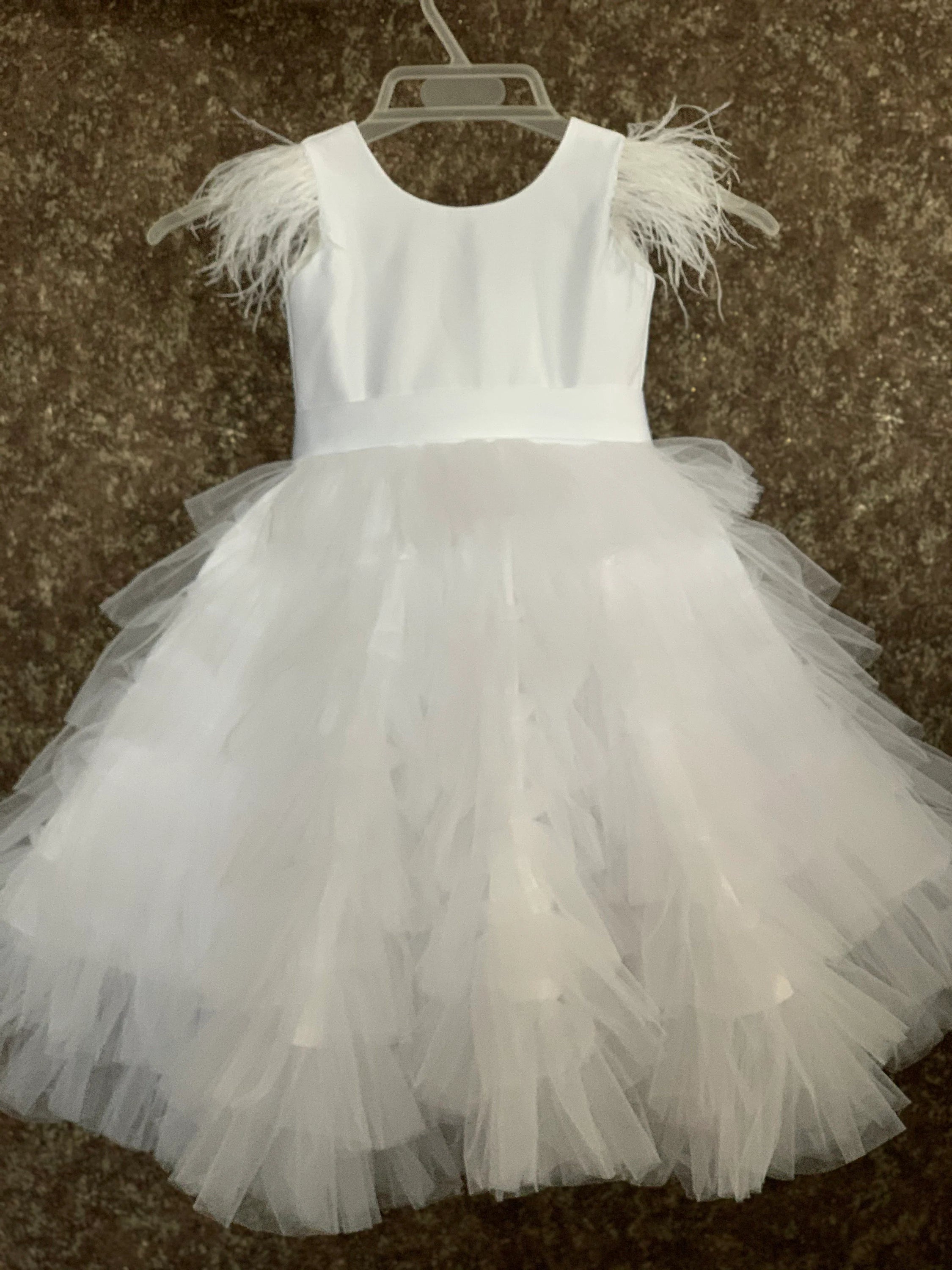 Flower girl proposal ivory dress, Tutu girl dress, White tulle flower girl dress, Girl party dress with feathers, Baby girl dress