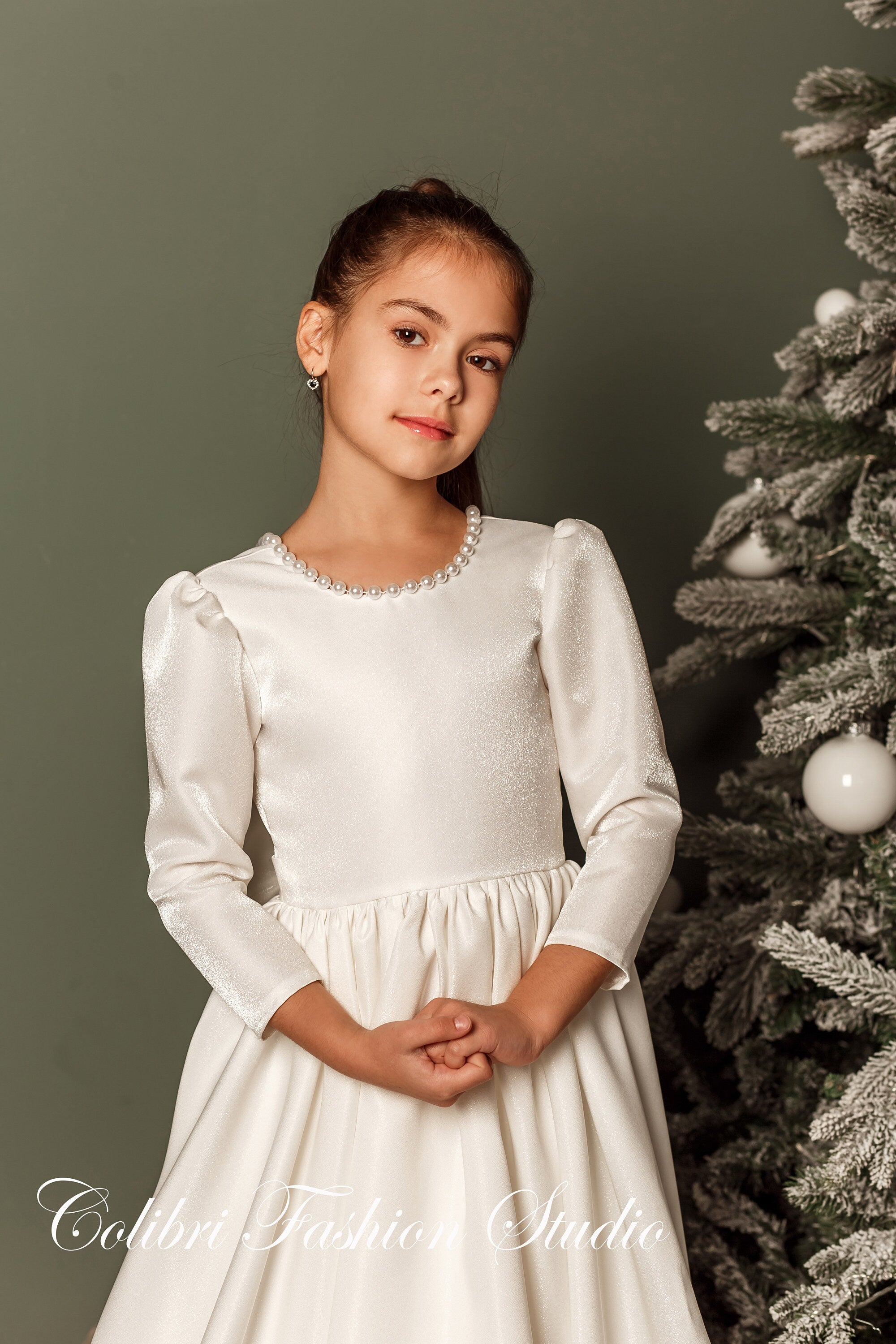 Ivory flower girl dress, Girl dress satin, Flower girl dresses, Long sleeve girl dress, Flower girl dress with train, Baptism satin dress