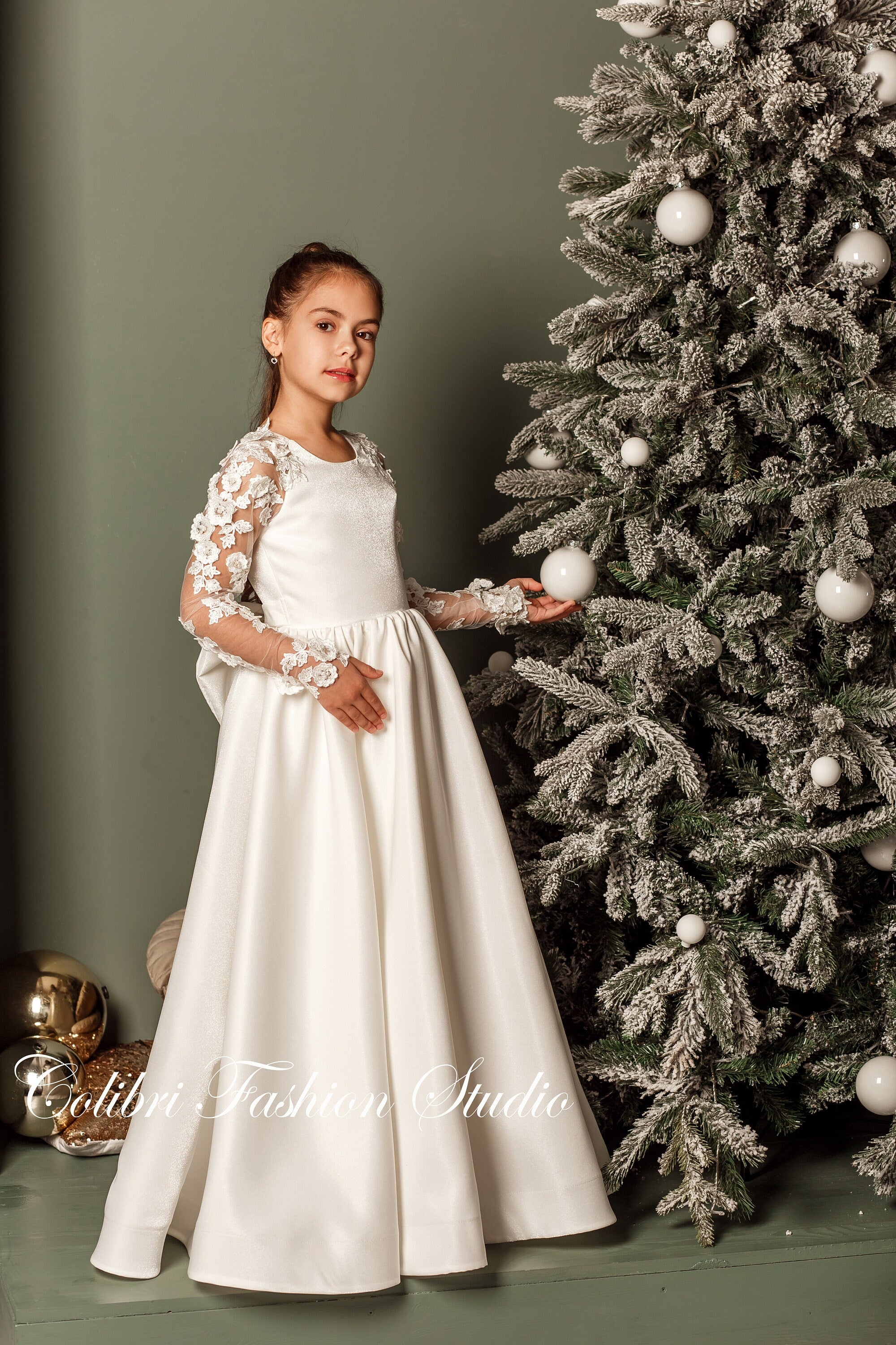 Flower girl dress ivory, Tutu girl dress, Long sleeve flower girl dress, Wedding flower girl dress, Baptism dress, White flower girl dress