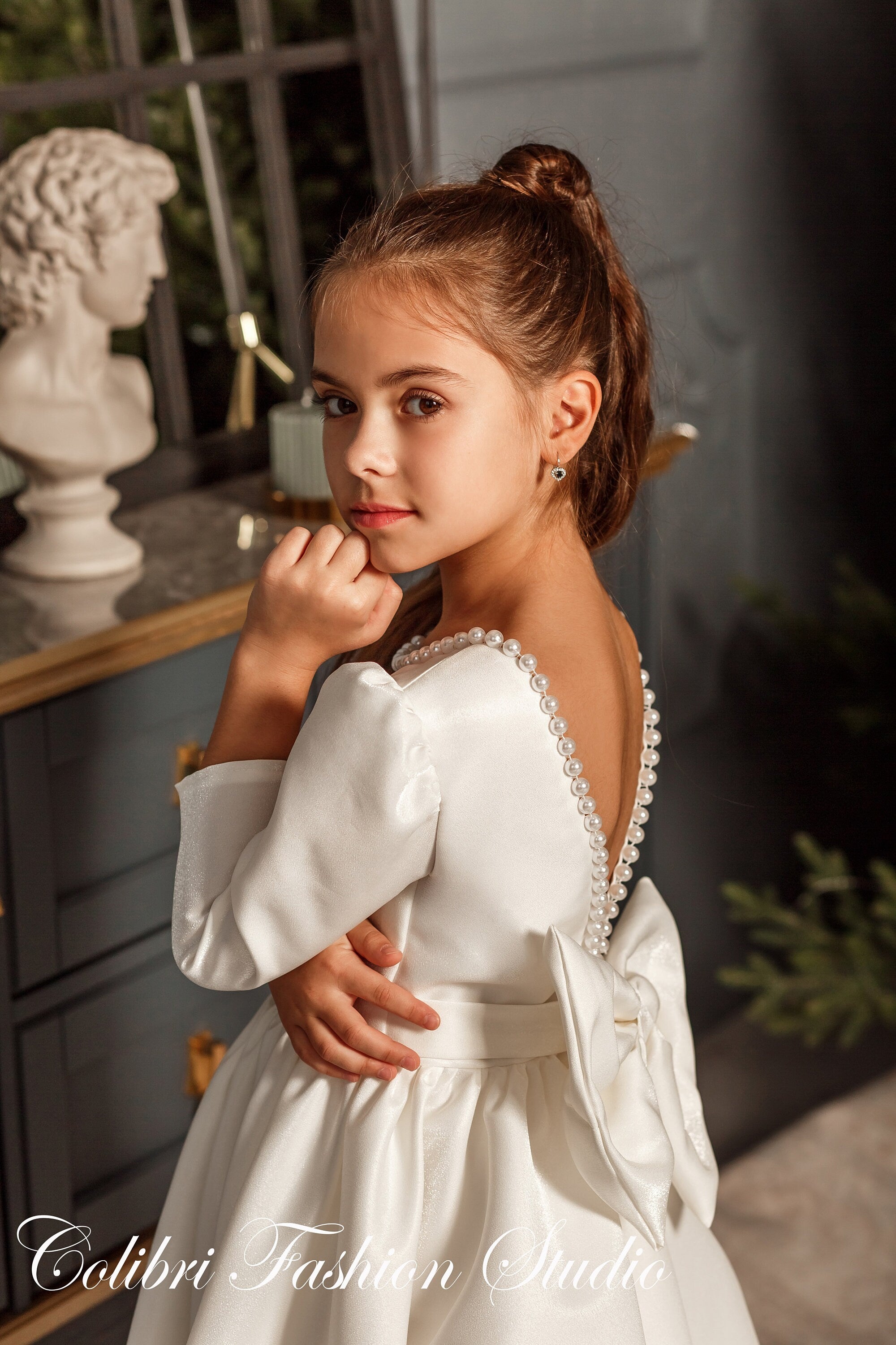 Ivory flower girl dress, Girl dress satin, Flower girl dresses, Long sleeve girl dress, Flower girl dress with train, Baptism satin dress