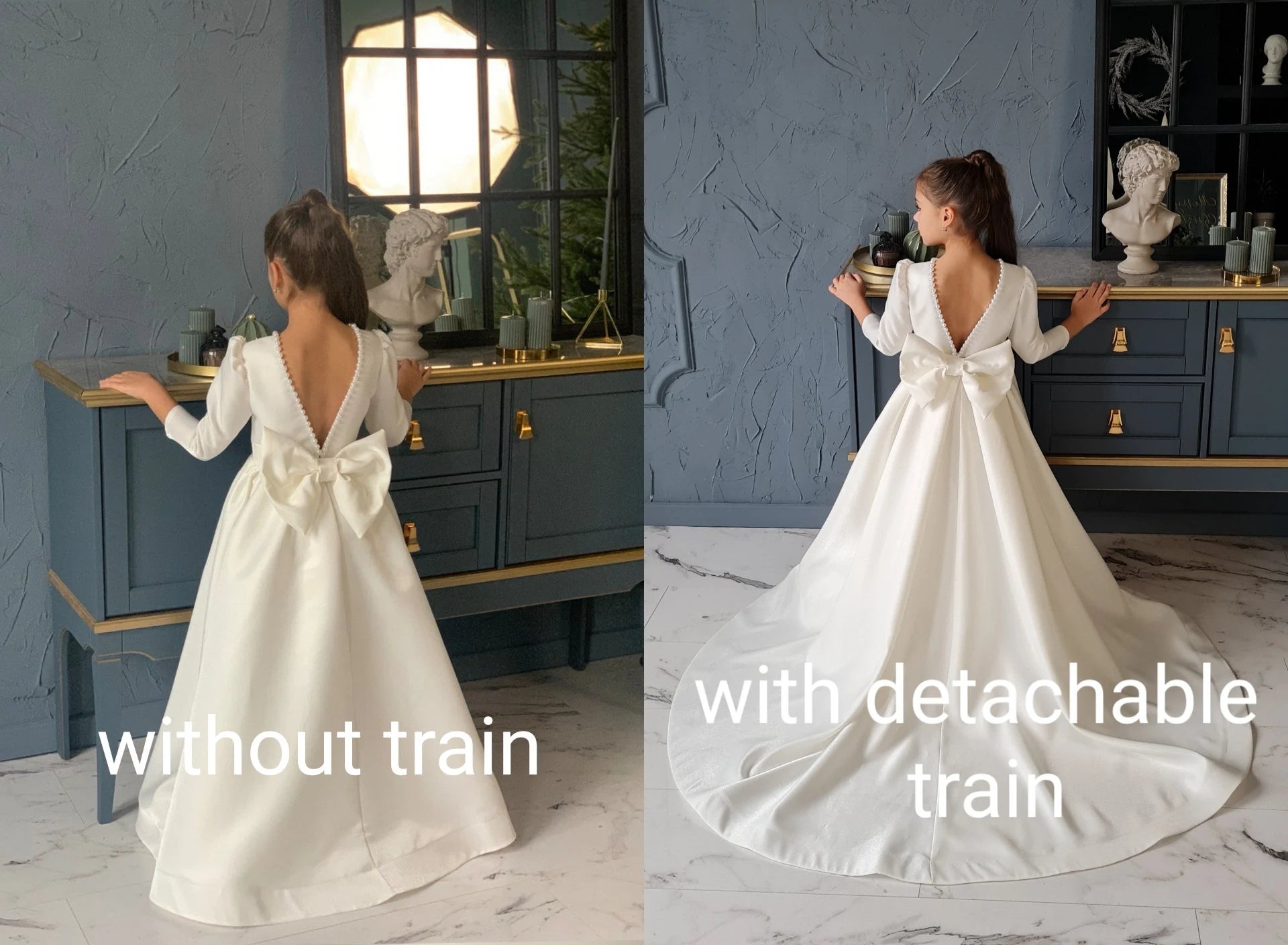Ivory flower girl dress with train, Flower girl dress long sleeve, Flower girl dress satin, Baptism dress, Tutu girl dresses, Birthday dress