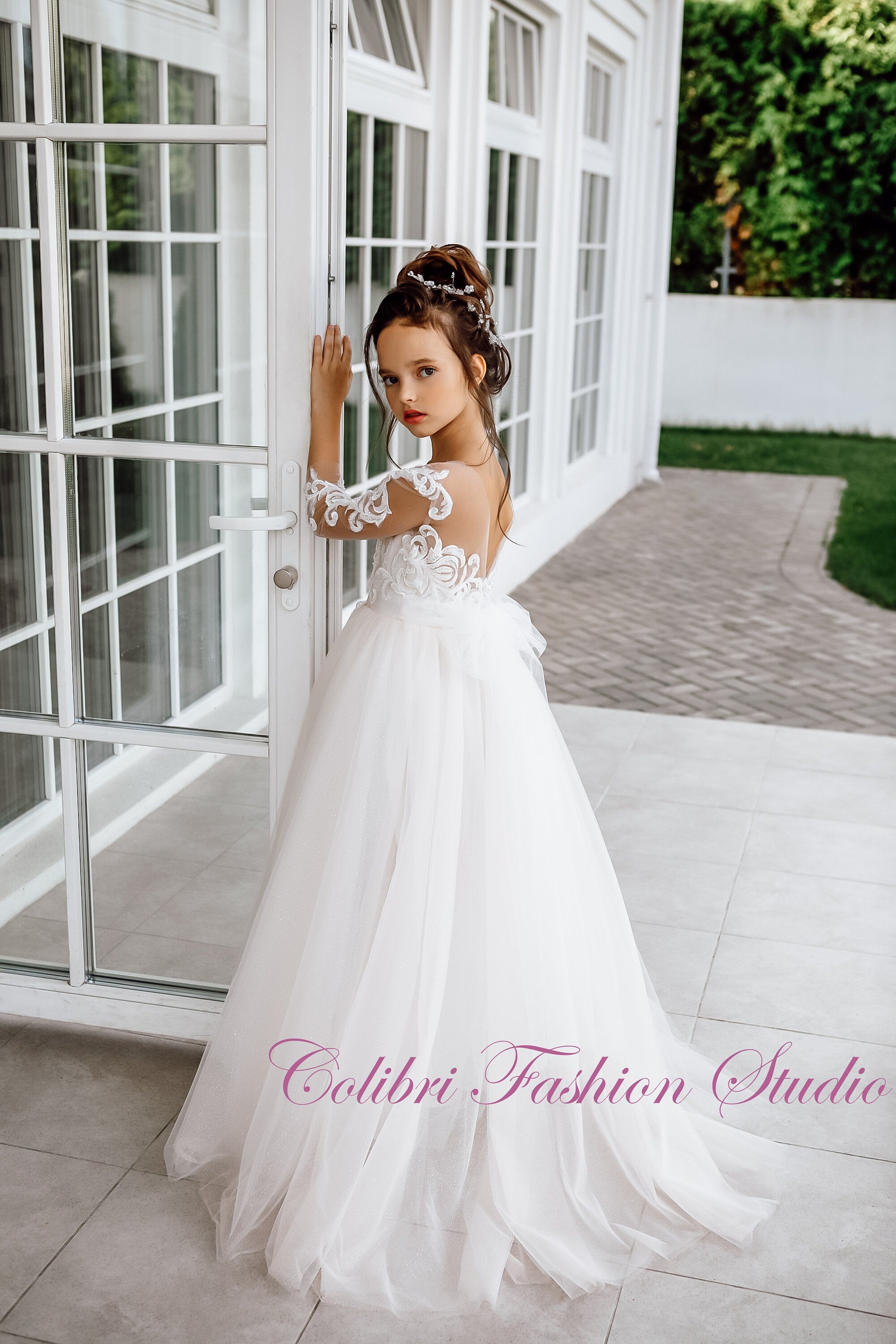 First communion dress, Tutu girl dress, Lace flower girl dress, Boho flower dress, Wedding flower girl dress, Long flower girl dress