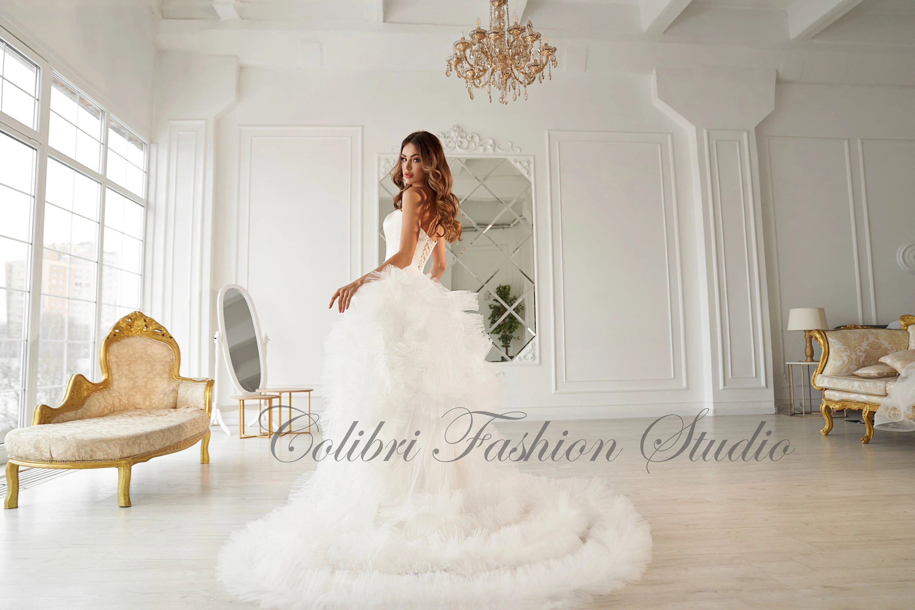 Satin wedding dress, A-line wedding dress, White bridal gown, Wedding dress with train, Open shoulders bridal gown