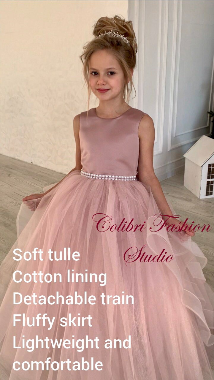 Dusty rose flower girl dress Tulle flower dress Pearl flower dress Toddler dress Satin girl dress Flower girl dress with train Ball gown