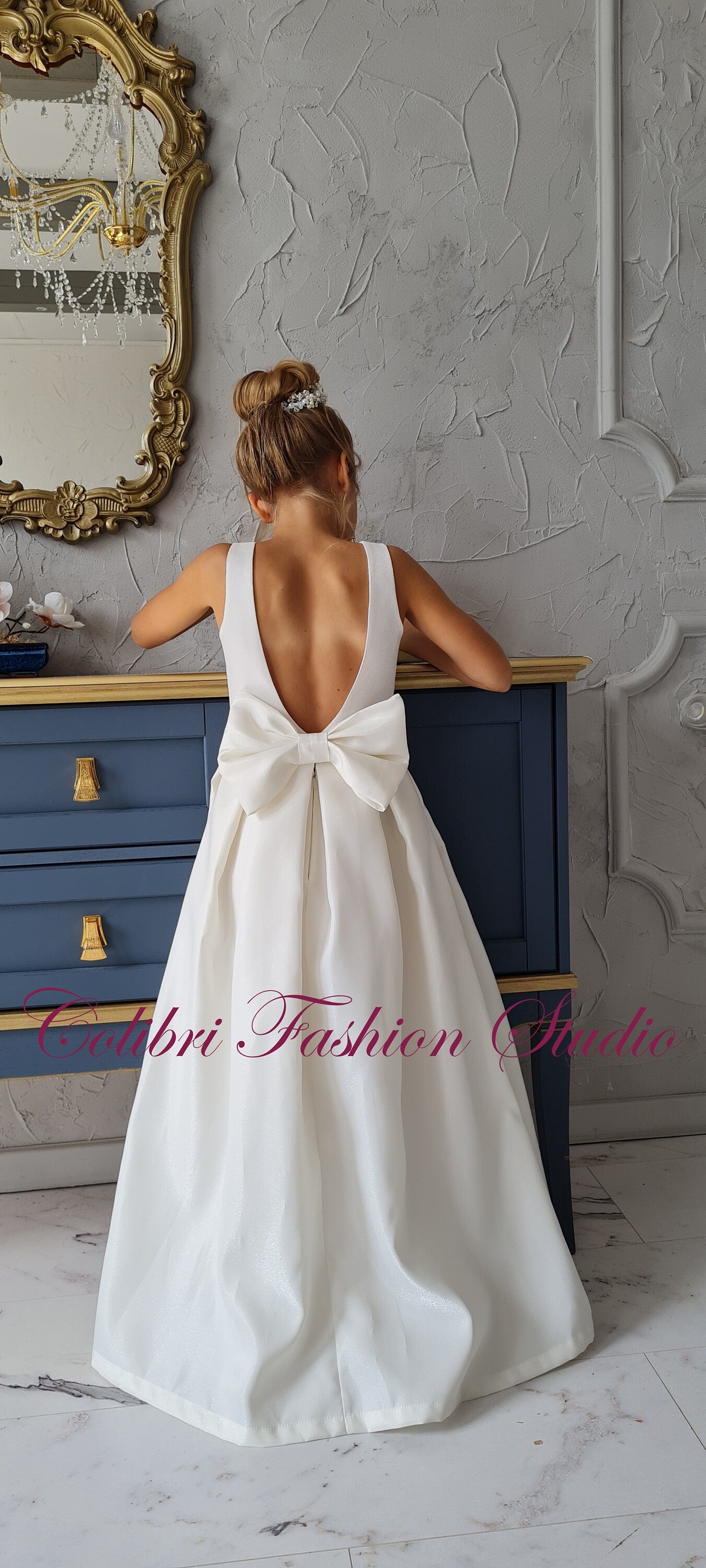 Flower girl dress ivory satin baby girl dress princess white girl dress birthday party dress sun holiday dress