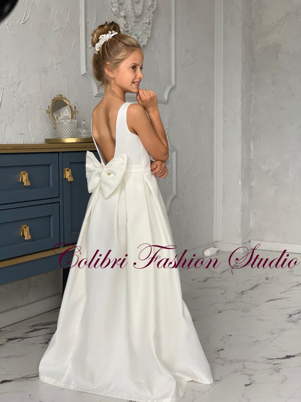 Flower girl dress ivory satin baby girl dress princess white girl dress birthday party dress sun holiday dress