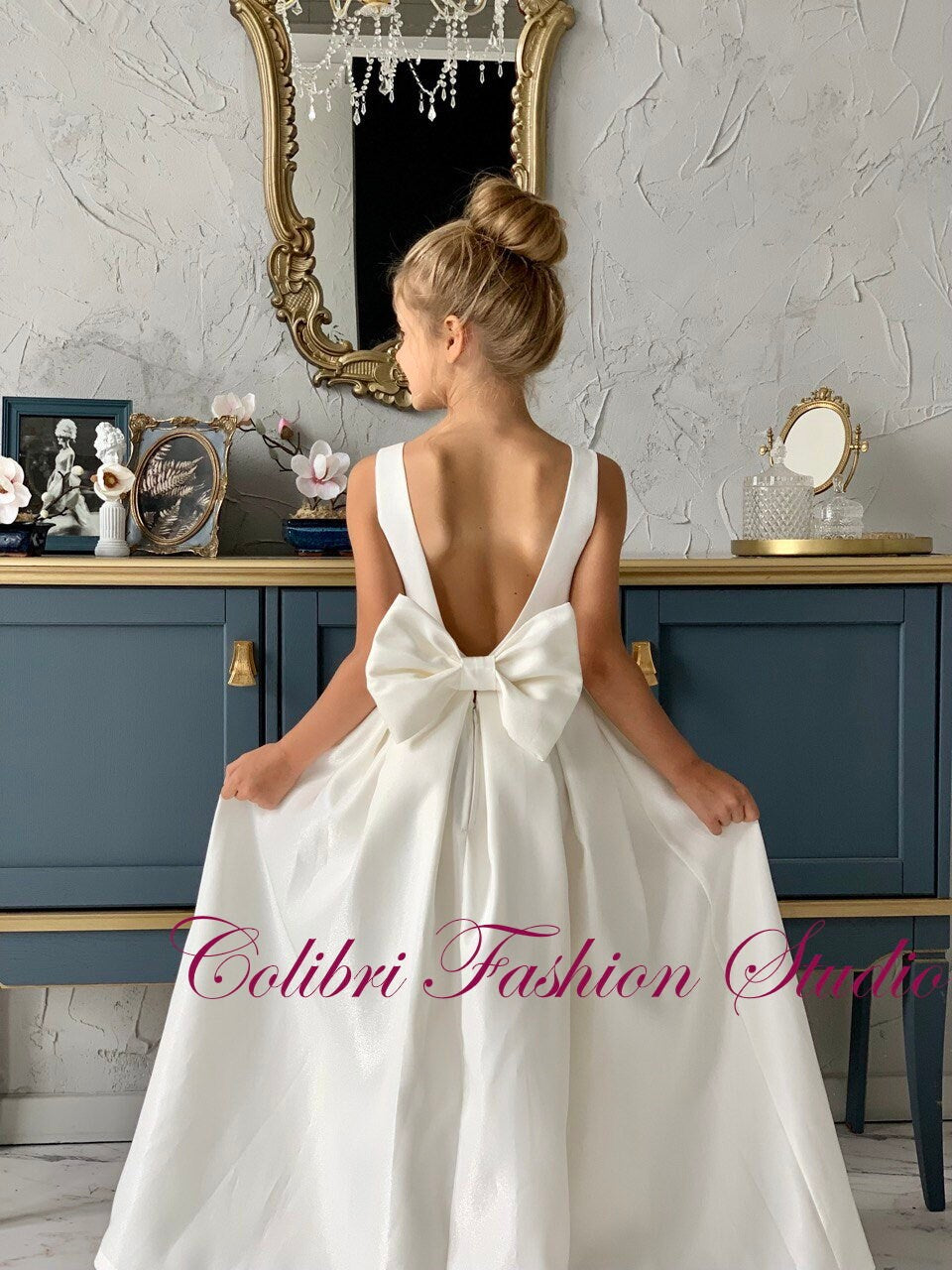 Flower girl dress ivory satin baby girl dress princess white girl dress birthday party dress sun holiday dress