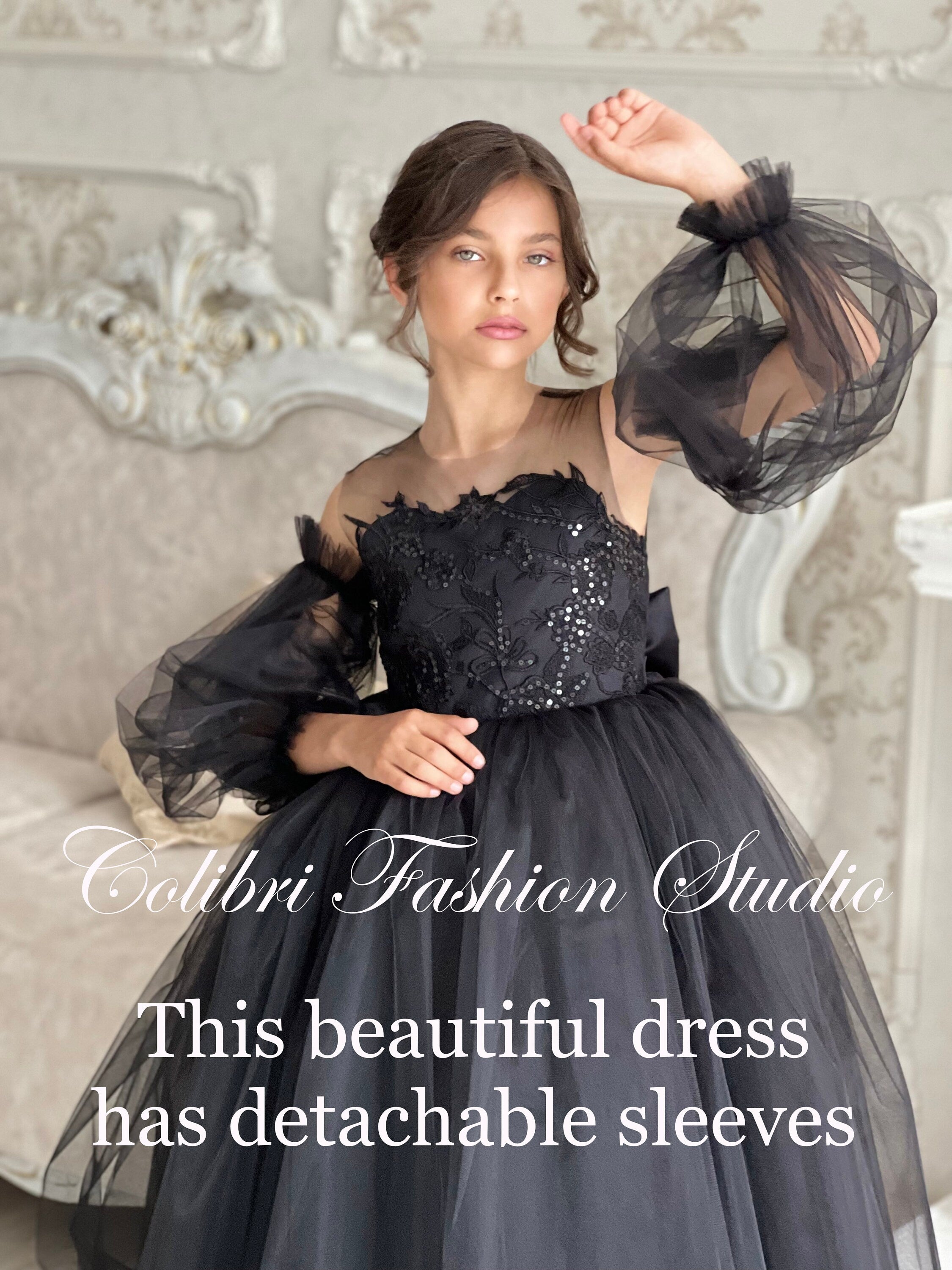 Flower girl dress lace, Black girl dress, Tulle girl dresses, Flower girl dress with sleeves, Wedding flower girl dress, Tutu dress