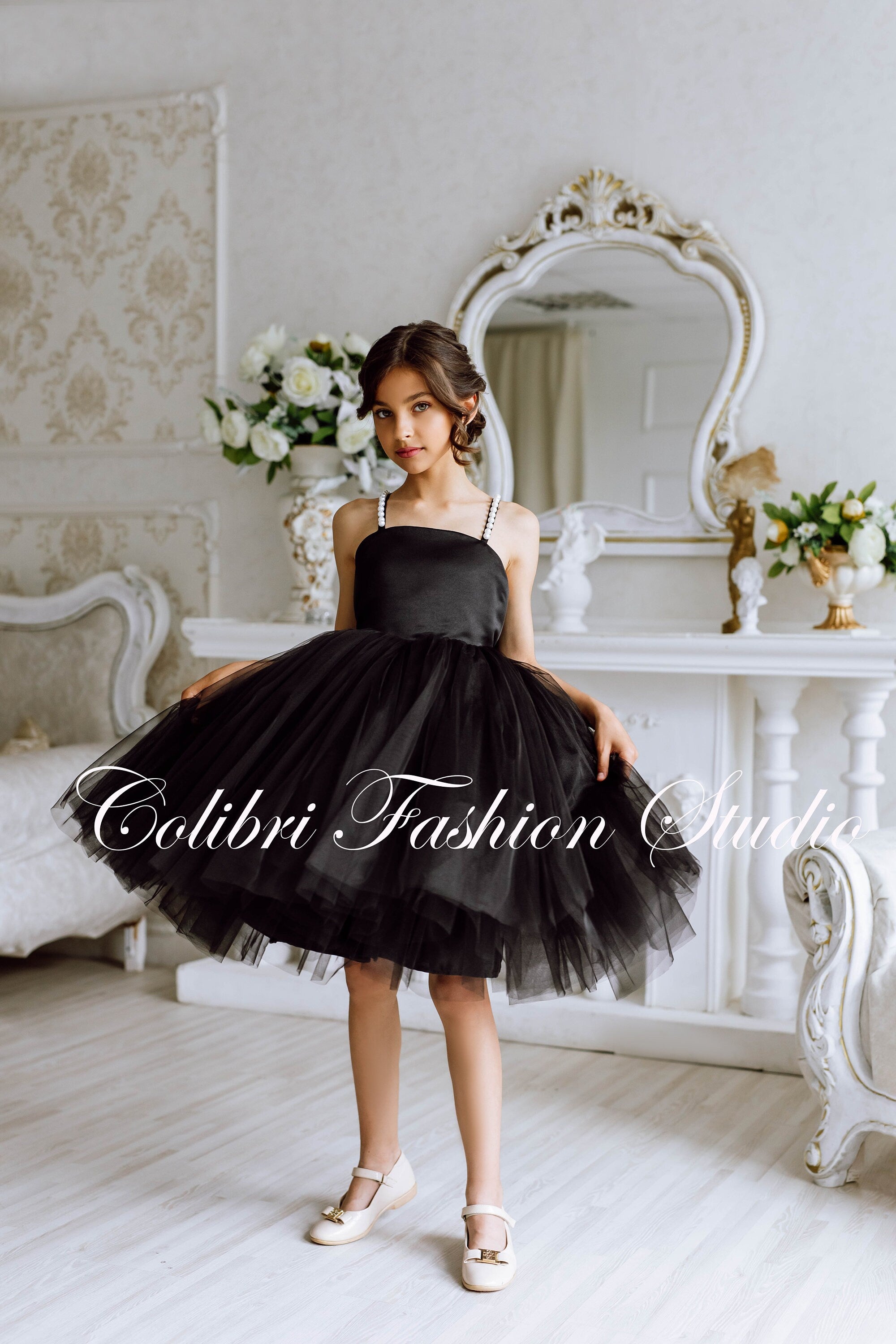 Pearls girl dress, Party toddler girl dress, Tulle flower girl dress, Satin girl dress, Toddler girl dress, Black flower girl dress