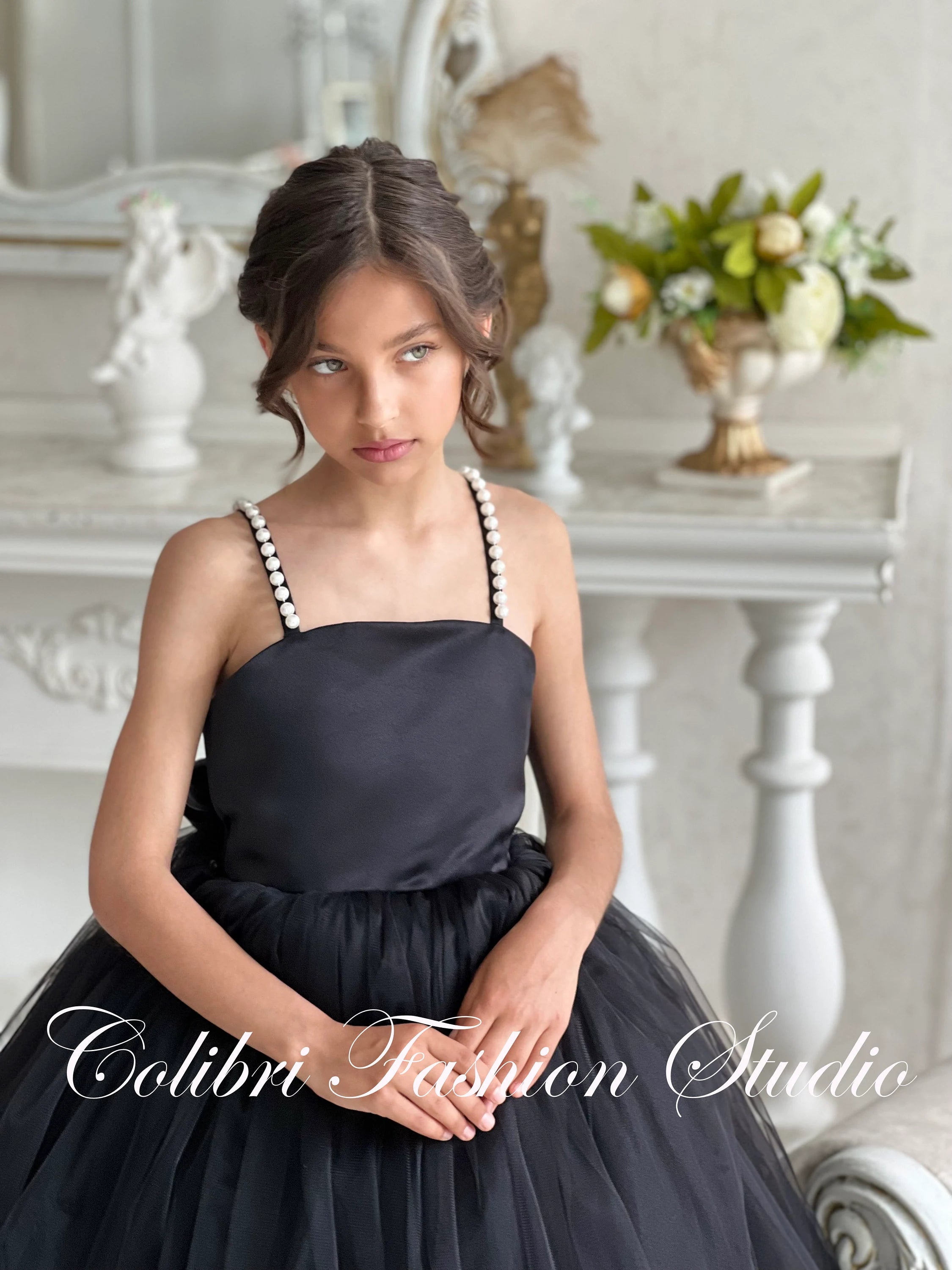 Pearls girl dress, Party toddler girl dress, Tulle flower girl dress, Satin girl dress, Toddler girl dress, Black flower girl dress