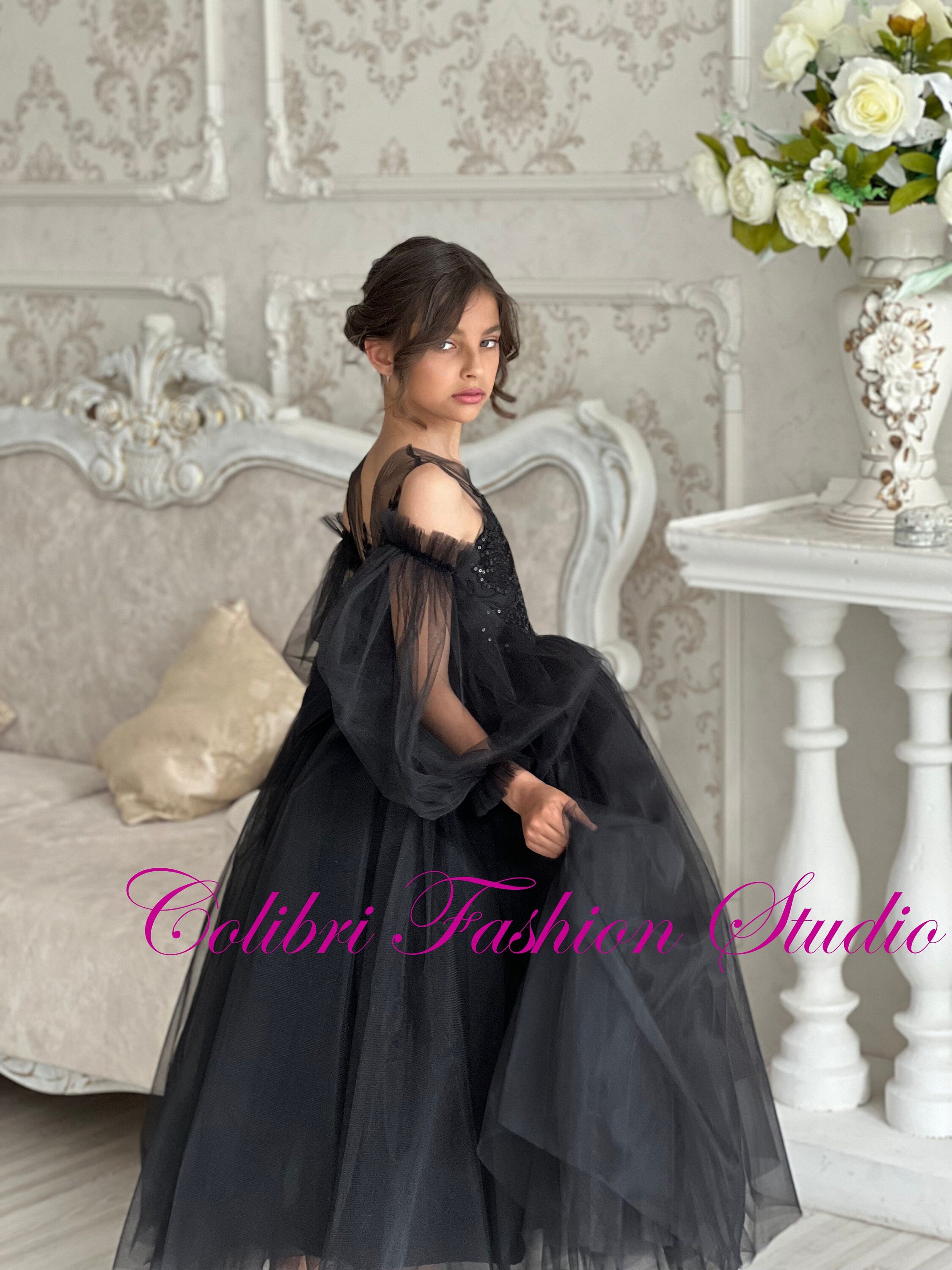 Flower girl dress lace, Black girl dress, Tulle girl dresses, Flower girl dress with sleeves, Wedding flower girl dress, Tutu dress