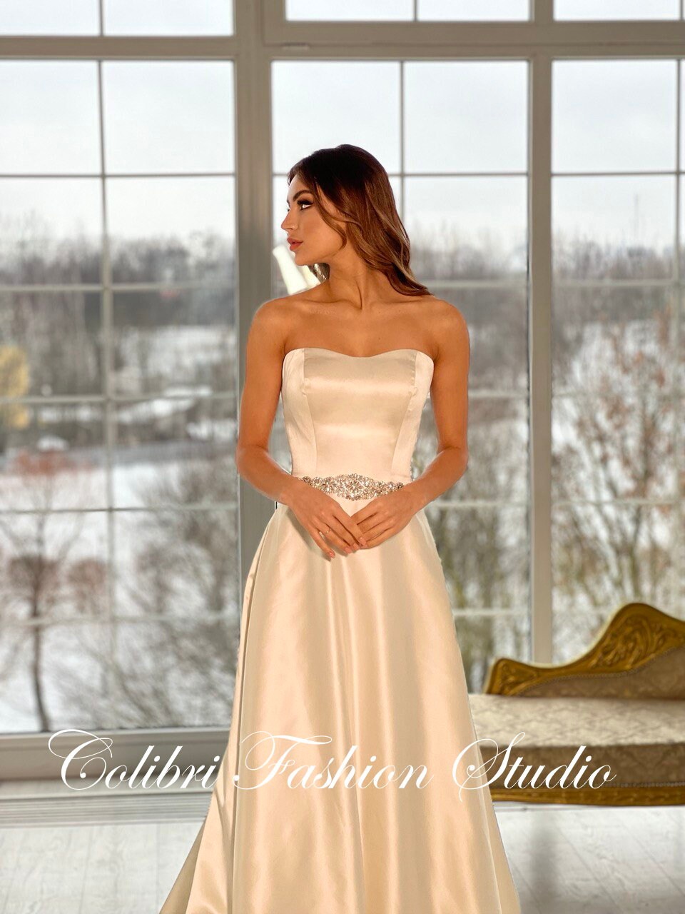 Satin wedding dress, A-line wedding dress, White bridal gown, Wedding dress with train, Open shoulders bridal gown