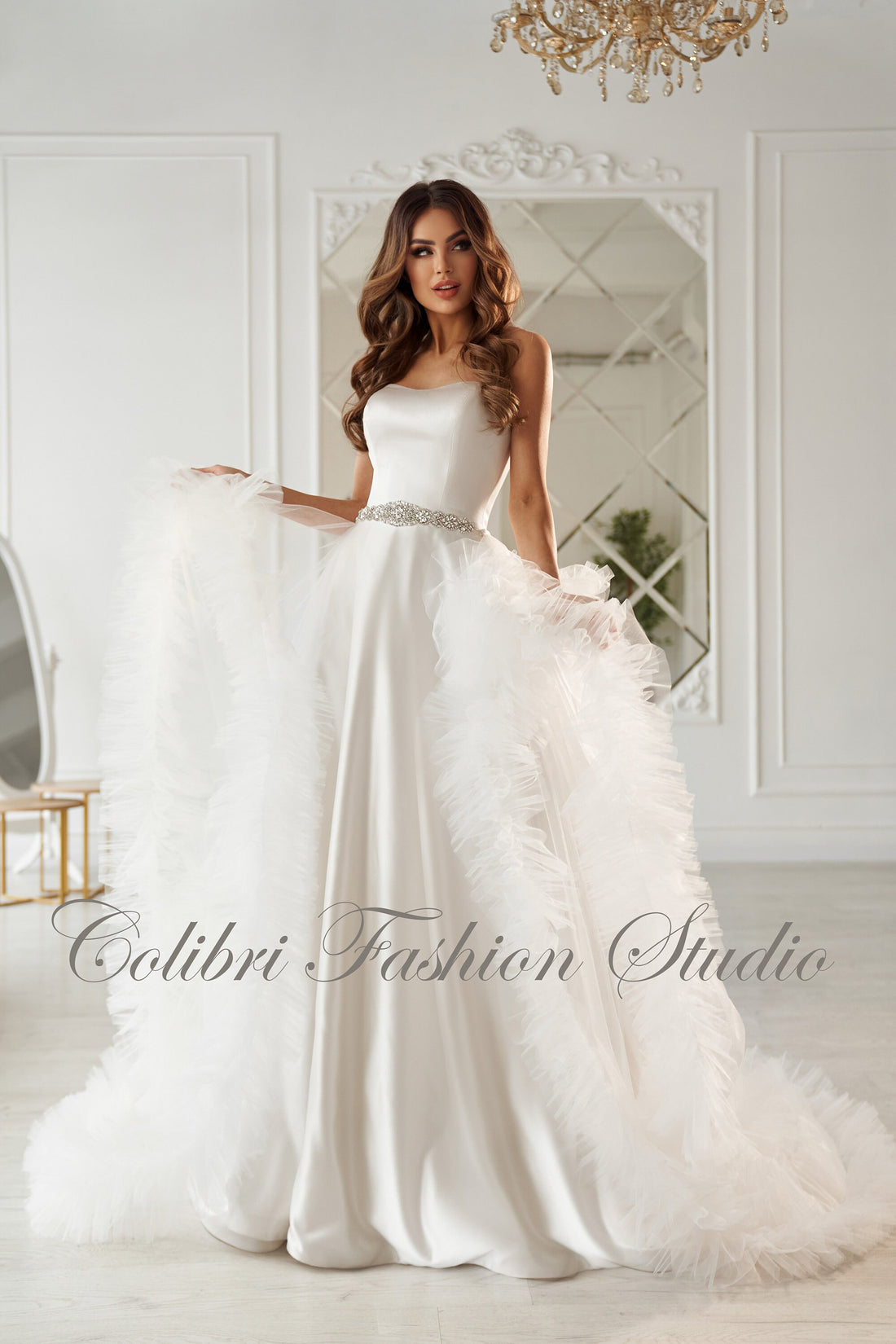 Satin wedding dress, A-line wedding dress, White bridal gown, Wedding dress with train, Open shoulders bridal gown