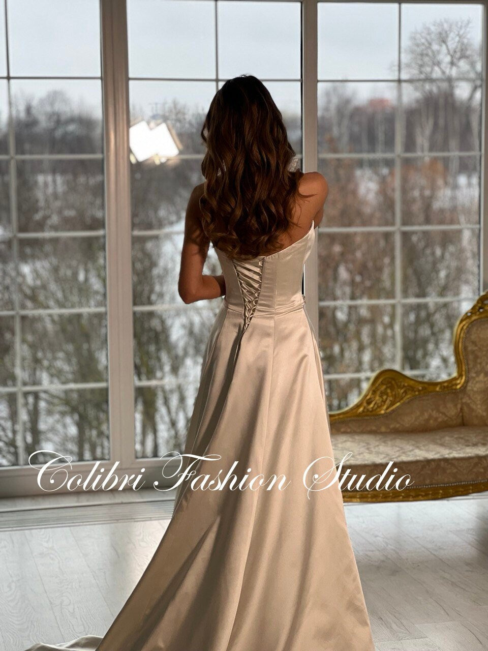Satin wedding dress, A-line wedding dress, White bridal gown, Wedding dress with train, Open shoulders bridal gown