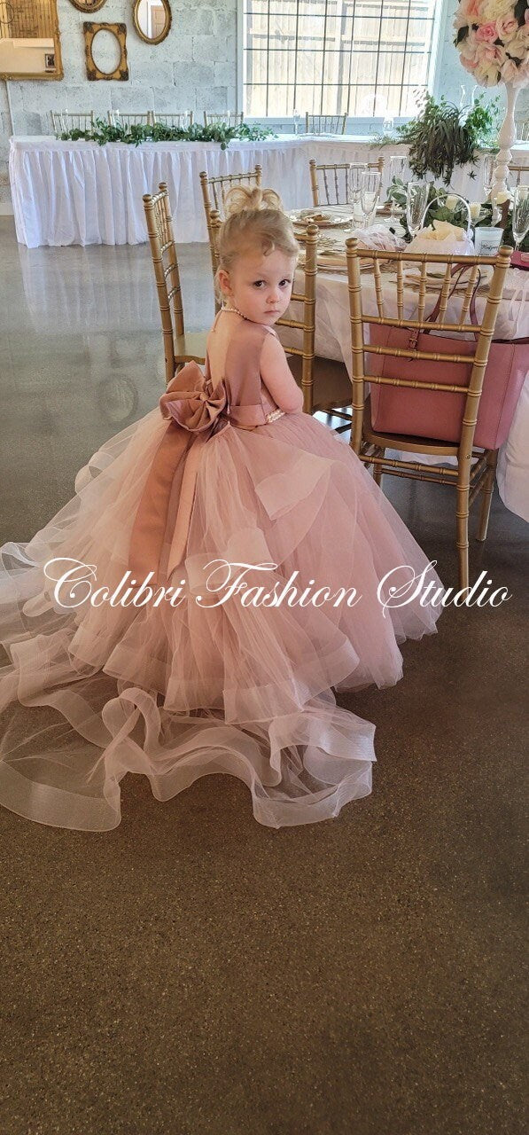 Dusty rose flower girl dress Tulle flower dress Pearl flower dress Toddler dress Satin girl dress Flower girl dress with train Ball gown