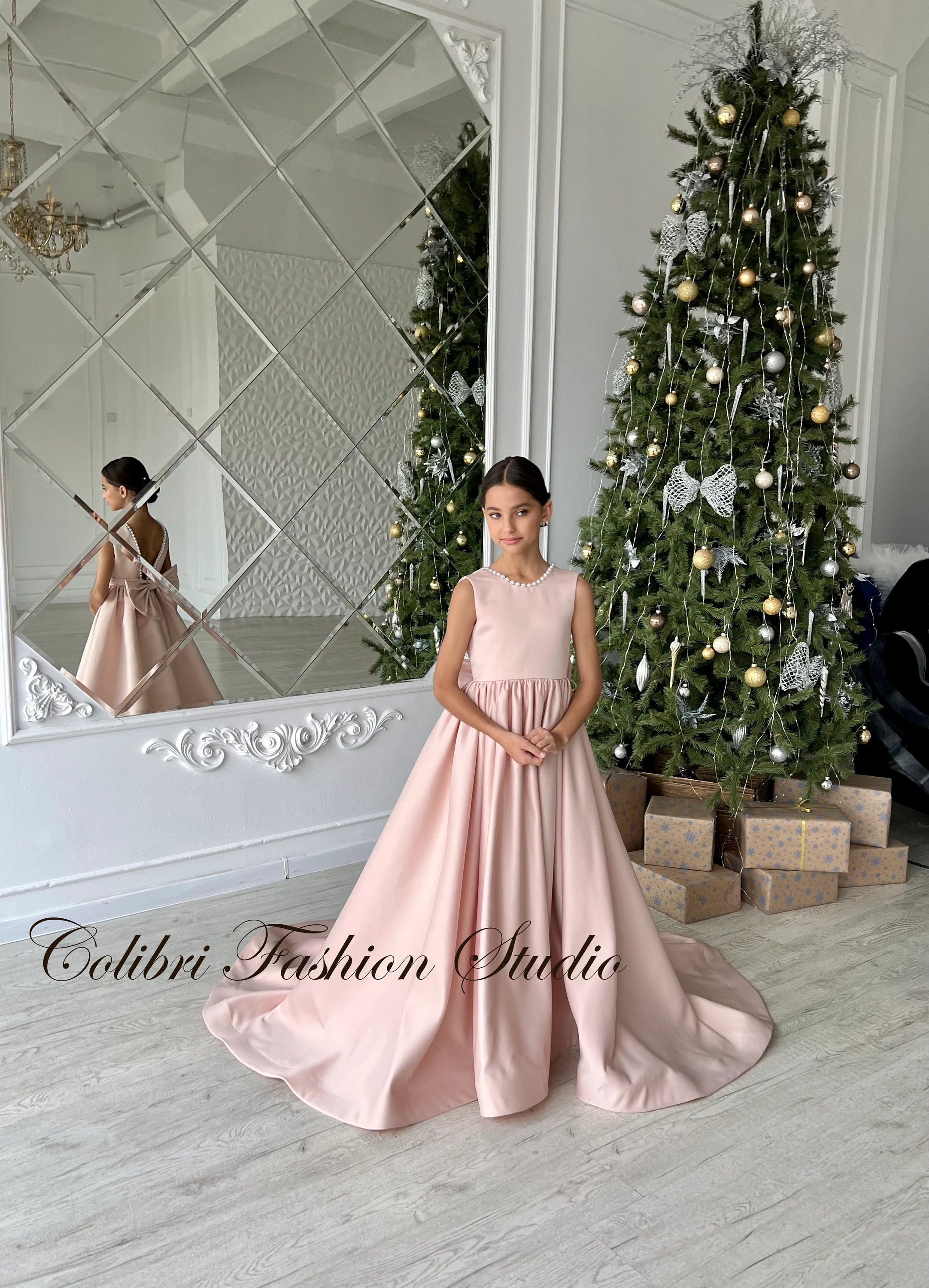 Flower girl dress, Satin girl dress, Girl dress beige, Flower dress with train, Communion dress, Tulle flower dress, Ball gown