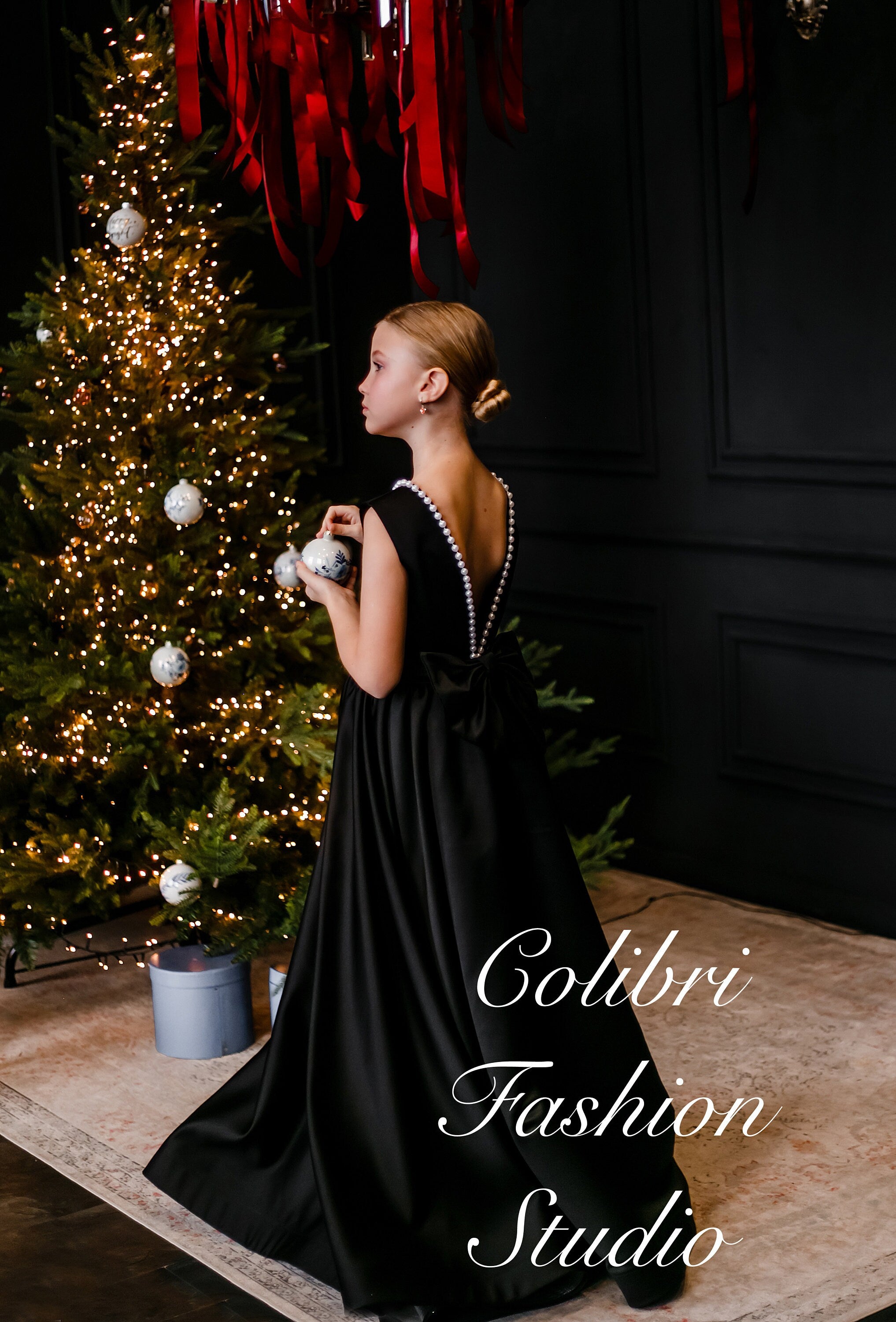 Satin flower girl dress, Open back girl dress, Black flower girl dress pearls, Sleeveless girl dress, Girl dress classic, Birthday girl dress