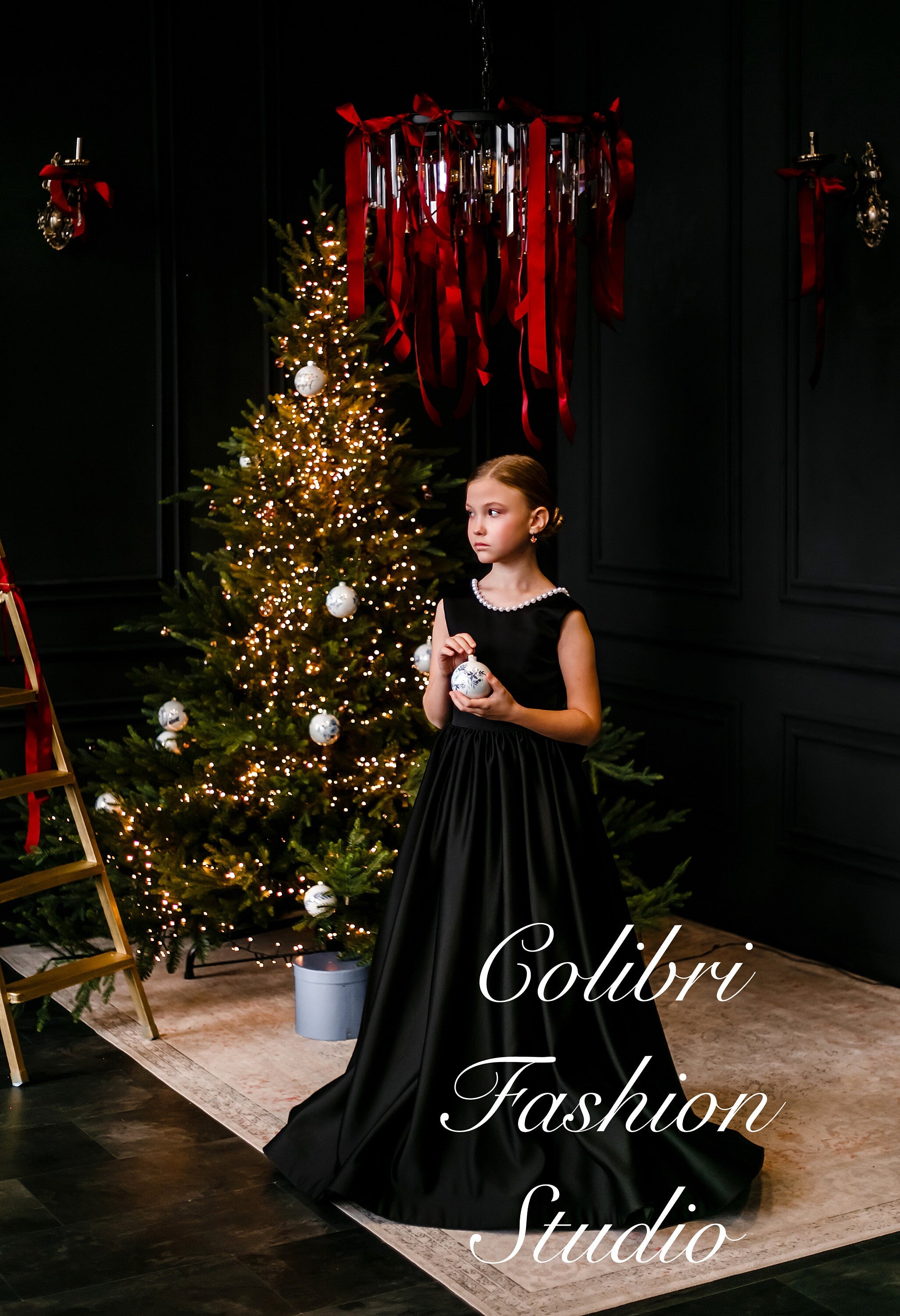 Satin flower girl dress, Open back girl dress, Black flower girl dress pearls, Sleeveless girl dress, Girl dress classic, Birthday girl dress