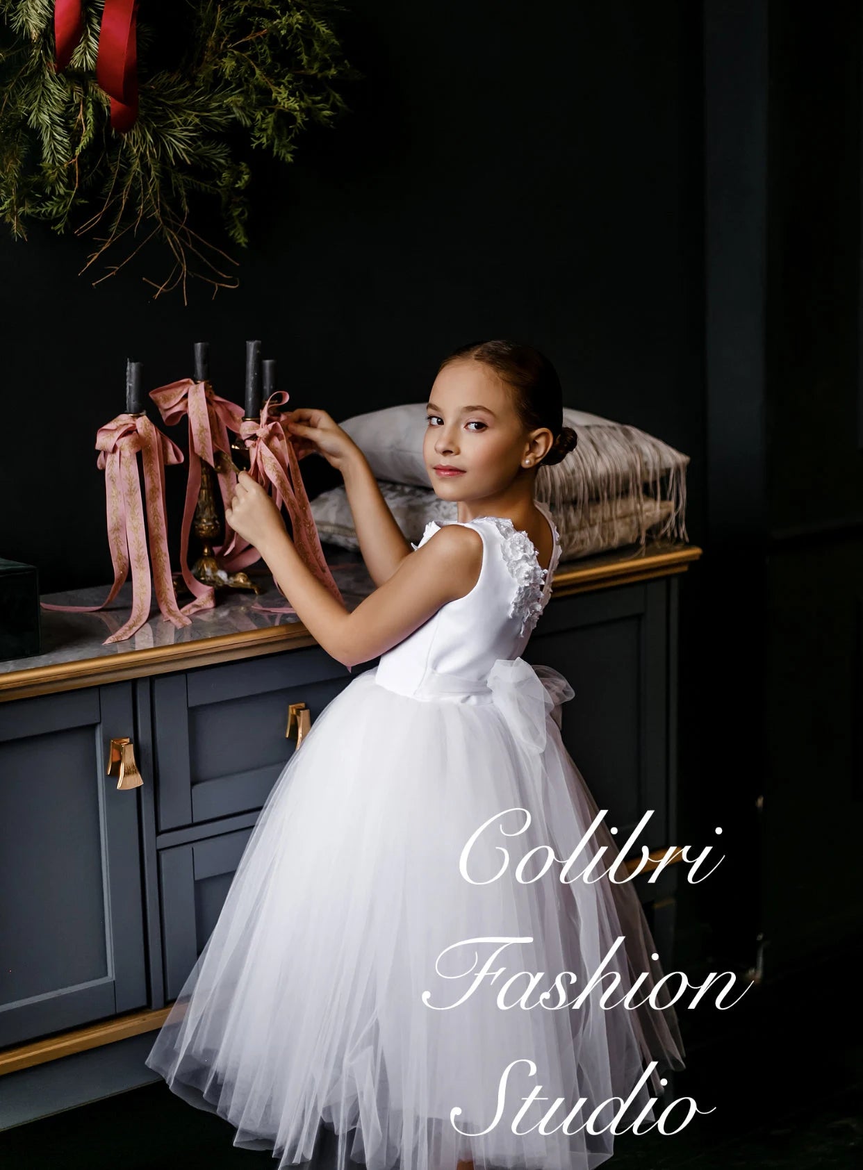Flower girl dress tutu, Tea length flower girl dress, Ivory girl dress, Tulle flower girl dress, Open back girl dress, Toddler girl dress