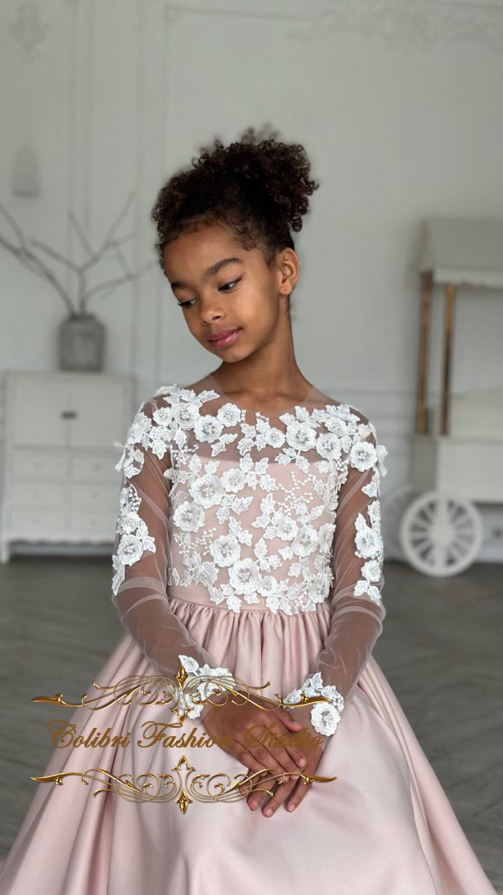 Flower girl dress satin skirt Lace girl dress baby girl First communion dress flower lace embroidered Nude birthday girl dress with train