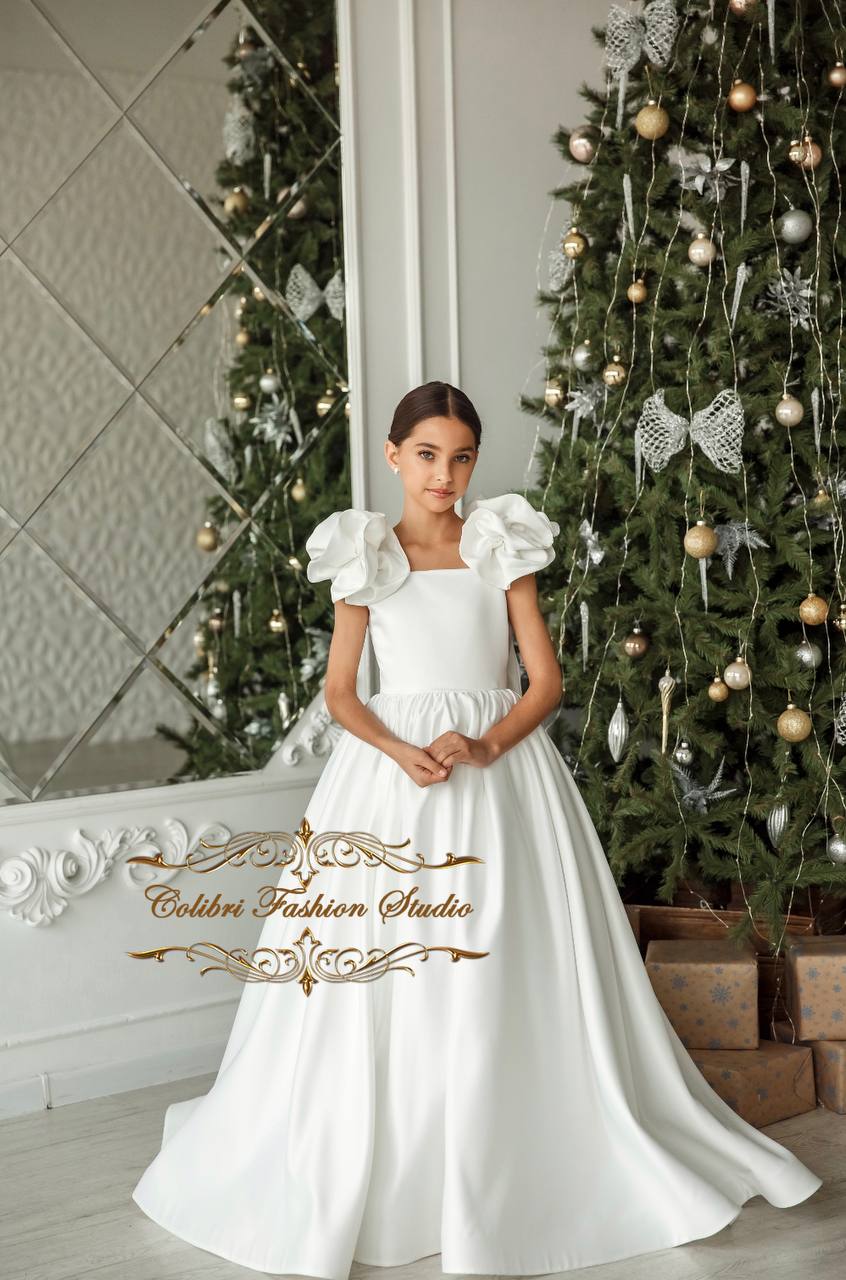 thumbnail image 2 of White A-Line Satin Flower Girl Dress – Tea Length, 12 Months To 18 Years, Wedding & Communion 2 of 5
