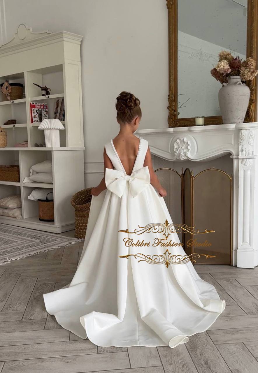 Satin flower girl dress Elegant girl dress Flower girl dress with pearls, Ivory girl dress, Photoshoot dress, Flower girl dress with train