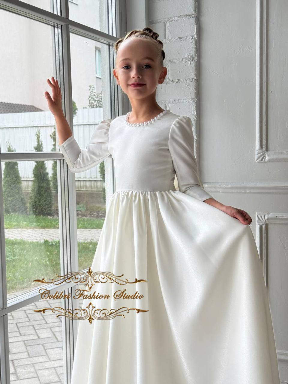Ivory flower girl dress, Girl dress satin, Flower girl dresses, Long sleeve girl dress, Flower girl dress with train, Baptism satin dress
