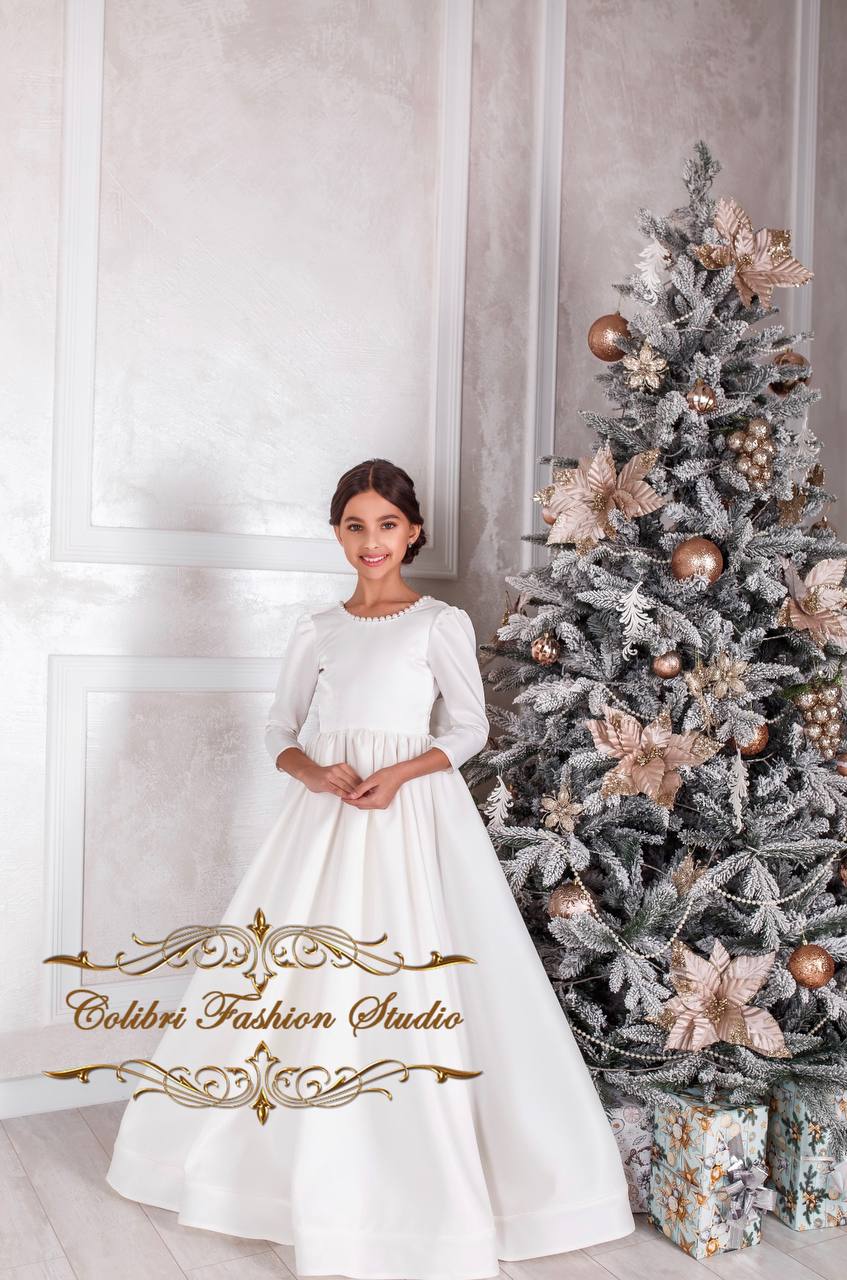 Ivory flower girl dress with train, Flower girl dress long sleeve, Flower girl dress satin, Baptism dress, Tutu girl dresses, Birthday dress