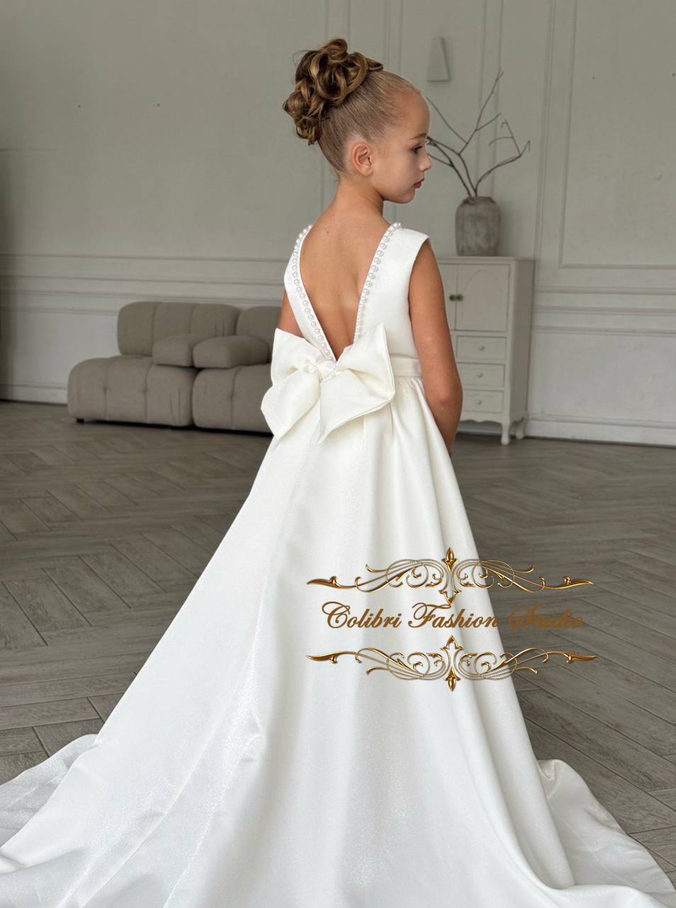 Satin flower girl dress Elegant girl dress Flower girl dress with pearls, Ivory girl dress, Photoshoot dress, Flower girl dress with train
