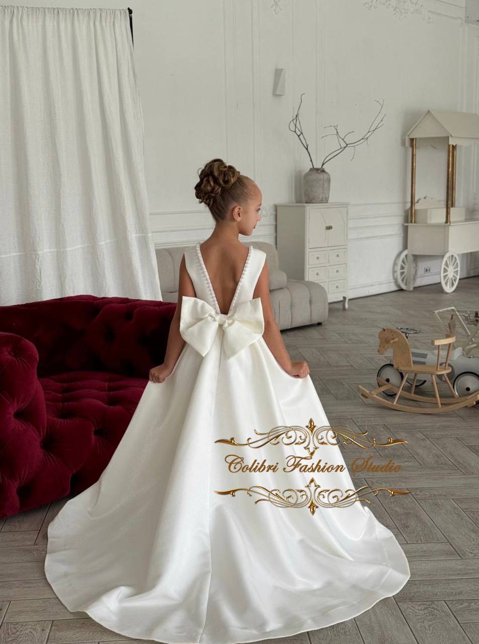 Satin flower girl dress Elegant girl dress Flower girl dress with pearls, Ivory girl dress, Photoshoot dress, Flower girl dress with train