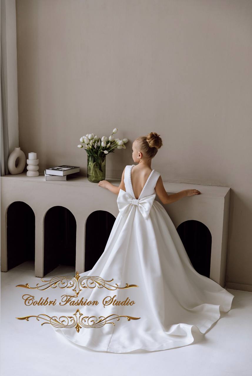 Flower girl dress satin, Baby girl dress ivory, Sleeveless toddler girl dress, Birthday girl dress floor length, Girl dress with train