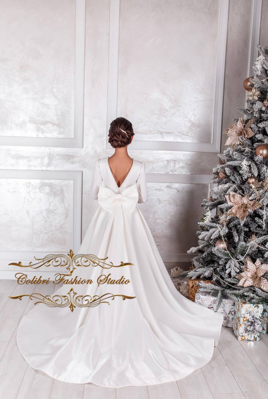 Ivory flower girl dress with train, Flower girl dress long sleeve, Flower girl dress satin, Baptism dress, Tutu girl dresses, Birthday dress