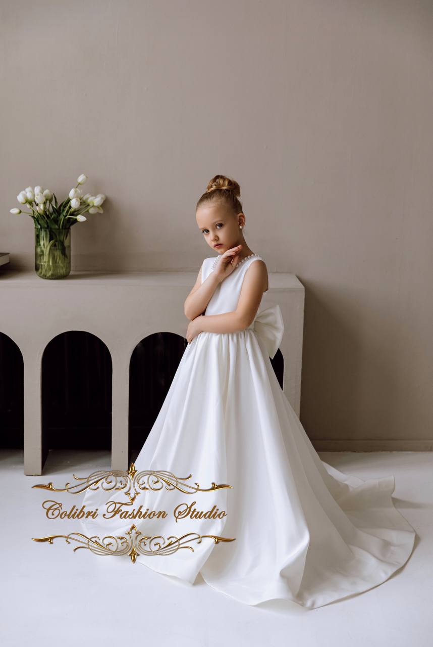 Flower girl dress satin, Baby girl dress ivory, Sleeveless toddler girl dress, Birthday girl dress floor length, Girl dress with train