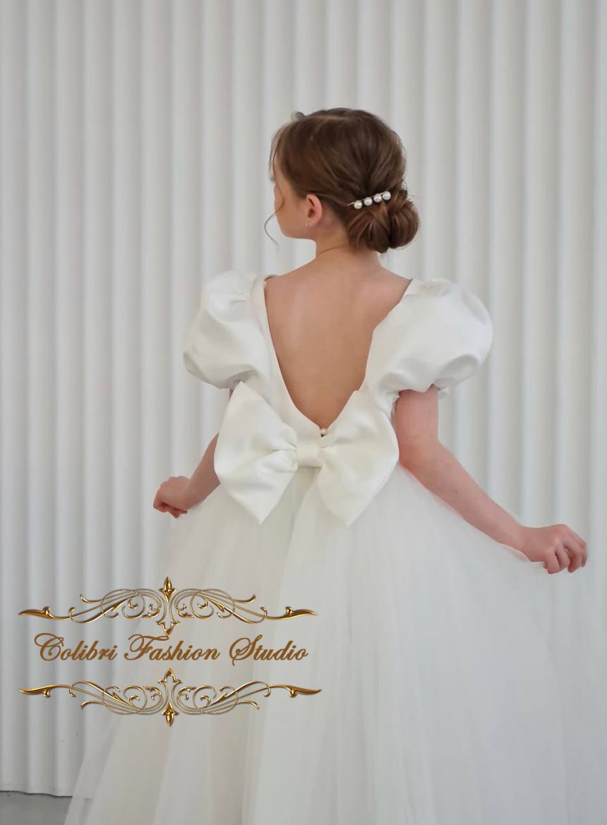 Ivory girl dress open back, Girl dress with puffy sleeves Colibri Fashion Studio Ivory girl dress open back, Girl dress with puffy sleeves Colibri Fashion Studio
