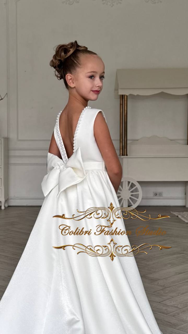 Satin flower girl dress Elegant girl dress Flower girl dress with pearls, Ivory girl dress, Photoshoot dress, Flower girl dress with train