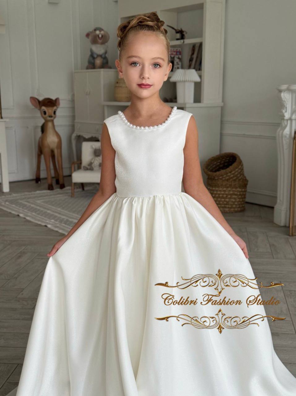 Satin flower girl dress Elegant girl dress Flower girl dress with pearls, Ivory girl dress, Photoshoot dress, Flower girl dress with train
