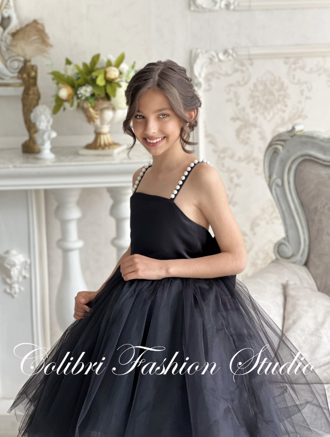 Flower girl dress, Black flower dress, Tulle dress, Satin girl dress, Wedding flower girl dress, Photoshoot dress, Ivory flower girl dress